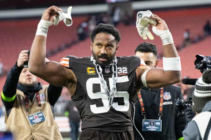 Dec 10, 2023; Cleveland, Ohio, USA; Cleveland Browns defensive end Myles Garrett (95) celebrates after the Browns beat the Jacksonville Jaguars at Cleveland Browns Stadium.